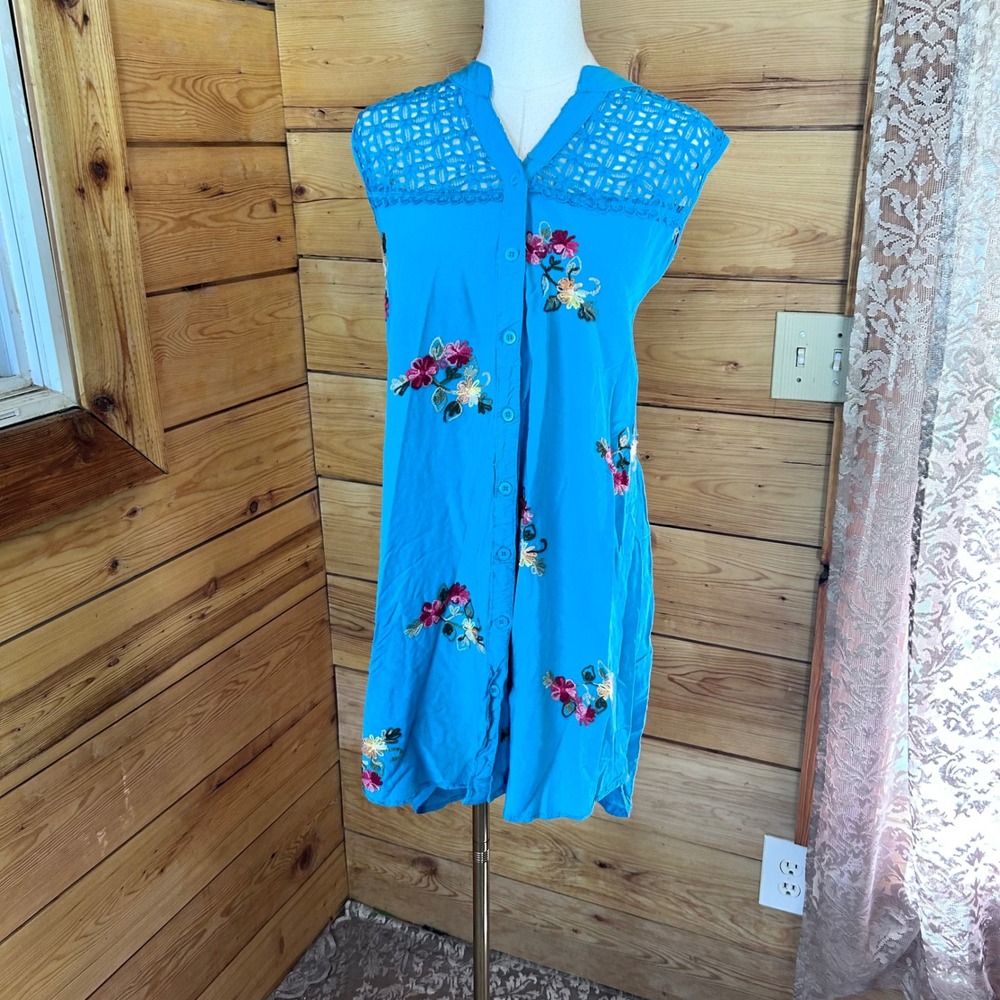 Tunic Dress Womens XL Turquoise Blue Embroidered Crochet Lace Boho Cottagecore